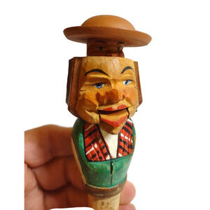 ANRI Mechanical Head Man Bottle Stopper Wood Hand Carved Puppet Barware Cork